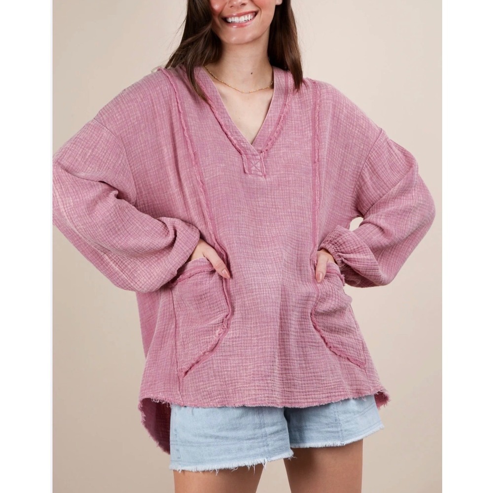 Very J Mauve Pink Cotton Gauze Oversized V-Neck Pullover Top Size‎ Large NWT